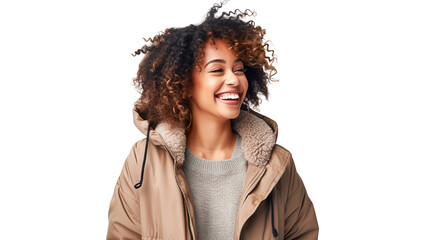 A beautiful afro-american woman wearing warm winter jacket on transparent background.
