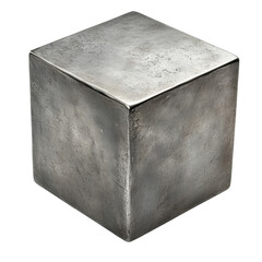 A silver cube with a rough surface