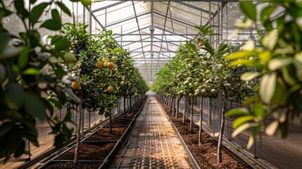 Poster - Rows of vibrant citrus trees laden with fruit thrive in a well-maintained greenhouse under bright sunlight.