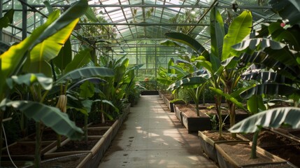 Poster - A serene pathway winds through a greenhouse filled with vibrant banana plants and rich green foliage.