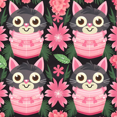 Wall Mural - Cute Cat Pattern with Pink Flowers