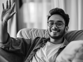 Sticker - A man wearing glasses is sitting on a couch and waving. He is smiling and he is happy