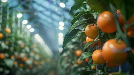 Poster - Ripe oranges hang from lush green branches in a brightly lit greenhouse, showcasing a healthy crop in progress.