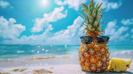 Poster - A pineapple is sitting on the sand with sunglasses on top of it. The scene is set on a beach with a clear blue sky