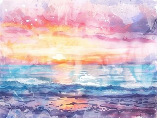 Wall Mural - A painting of a sunset over the ocean with a blue sky. The mood of the painting is serene and peaceful