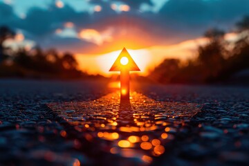 Wall Mural - A small arrow is lit up in the sun, with the sun in the background. The image has a warm, inviting mood, and the idea is that the arrow represents a path or direction to follow