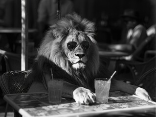 Wall Mural - a lion is sitting at a table with a drink and sunglasses on. the scene is set in a restaurant with c