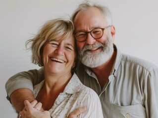 Poster - A man and woman are smiling and hugging each other. The man is wearing glasses and the woman has short hair. Scene is happy and affectionate