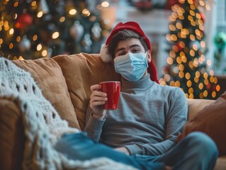 A man wearing a red santa hat and a face mask is sitting on a couch with a cup of coffee