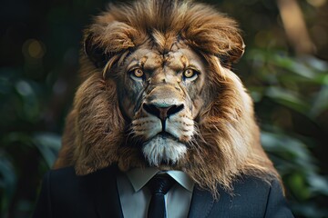 Wall Mural - A man is wearing a suit and tie and has a lion's head on his head. The lion's mane is long and flowing, and the man's eyes are wide open, giving the impression of a fierce and powerful lion