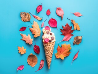 Wall Mural - A cone of ice cream is surrounded by a pile of autumn leaves. The image has a warm and inviting mood