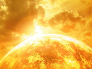 Wall Mural - a yellow planet with a sun shining on it. the sun is the main focus of the image, and it creates a w