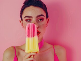 Wall Mural - A woman is holding a popsicle with a pink and yellow color. She has a red lipstick on and her eyes are closed