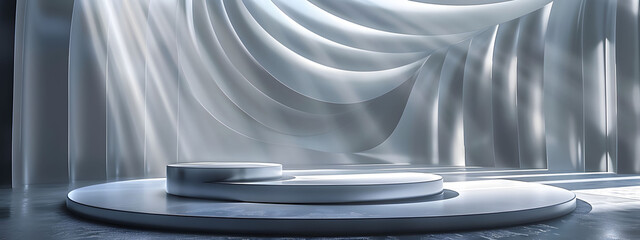 Wall Mural - 3D render of a silver background with a round podium and glowing light rays. The abstract design features a futuristic platform with a circle glow effect technology-themed display product showcases.