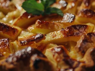 Poster - A pie with a green leaf on top. The pie is golden brown and looks delicious. The leaf adds a touch of freshness and color to the dish