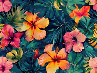 Sticker - A colorful tropical flower pattern with pink, yellow, and orange flowers. The flowers are surrounded by green leaves and vines. Scene is bright and cheerful, with a sense of warmth and happiness