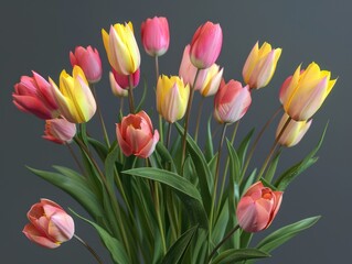 Canvas Print - A bouquet of pink and yellow tulips. The flowers are arranged in a vase and are in full bloom. The colors of the flowers create a cheerful and vibrant mood