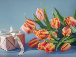 Poster - A bouquet of flowers sits next to a pink box with a ribbon. The flowers are orange and yellow, and they are arranged in a way that makes them look like they are in a vase