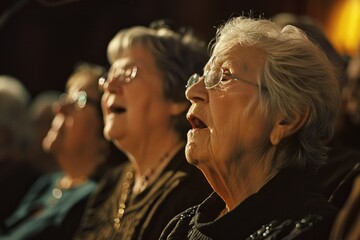 Two women are sitting in a church, one of them is wearing glasses. They are both looking at something, possibly a speaker or a religious text. Concept of reverence and contemplation