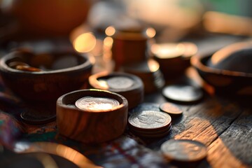 A bowl of coins and a bowl of coins on a table. The coins are of different sizes and colors