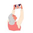 © Natalia - Elderly woman taking self photo or video with smartphone. Happy senior person holding phone to make selfie portrait, using tablet to call and chat with family and friends cartoon vector illustration