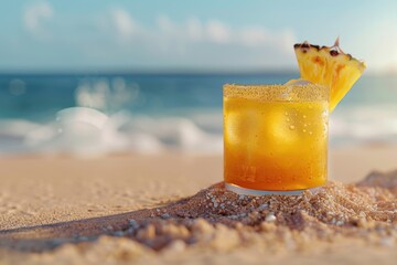 Poster - A glass of a drink with a pineapple slice on top is sitting on the sand at the beach