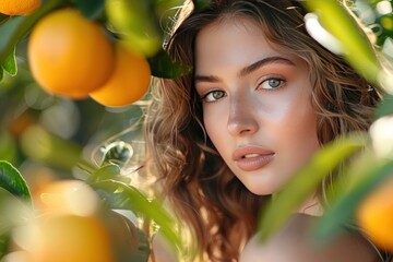 Wall Mural - Woman with Wavy Hair Posing Among Citrus Fruit