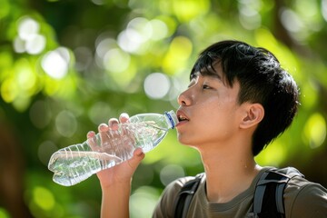 Wall Mural - A man is drinking water from a bottle. The bottle is clear and has a blue cap. The man is wearing a backpack and has a backpack strap on his shoulder. The scene is outdoors, with trees