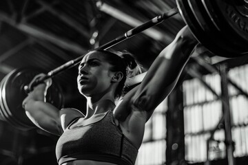 Sticker - A woman lifting a barbell in a gym. Concept of strength and determination as the woman lifts the weight with ease