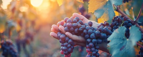 Sticker - Ripe Grapes in Hand in the Vineyard at Sunset