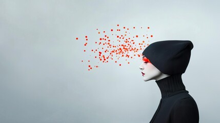 Woman in black beanie and turtleneck with red dots exploding from her head.