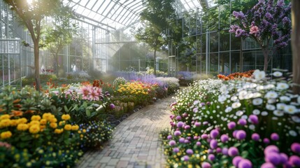Aufkleber - A vibrant pathway winds through a lush greenhouse filled with blooming flowers and greenery, illuminated by soft morning light.