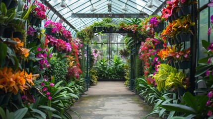 Aufkleber - A colorful array of orchids fills the greenhouse, creating a stunning pathway lined with lush foliage and vibrant blooms.