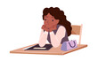 © Natalia - Bored sad student thinking and sitting at school desk. Girl at table tired of hard studying, funny scene from classroom with teenage pupil with thoughtful unhappy face cartoon vector illustration
