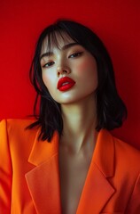 Wall Mural - minimalist portrait of a young beautiful dark haired woman with red lips wearing an orange blazer