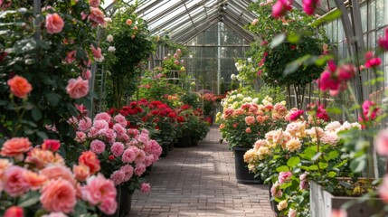 Aufkleber - A beautiful pathway lined with blooming roses in various colors, leading through a glasshouse filled with natural light.