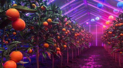 Poster - Lush orange trees thrive under colorful neon lights inside a greenhouse, creating a vibrant atmosphere at night.
