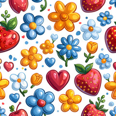 Wall Mural - Colorful Floral Pattern with Strawberry and Heart