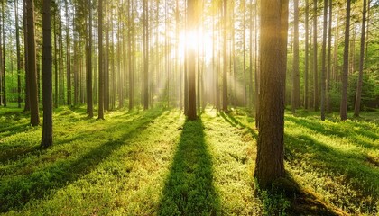 Wall Mural - silent forest in spring with beautiful bright sun rays