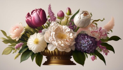 generate an opulent 3d rendered illustration of vintage flowers including peonies tulips lilies and hydrangeas arranged in a lush baroque style composition showcase these exquisite blooms on a d