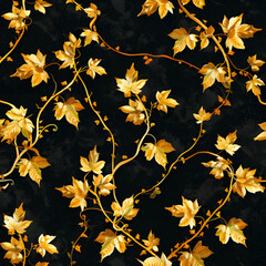 Wall Mural - Golden Leaves on Black Background