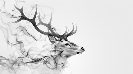 Wall Mural -   Black & white photo of deer head w/smoke from antlers