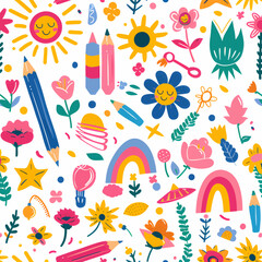 Sticker - Colorful Pattern of Flowers, Pencils, and Rainbows