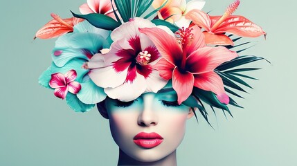 Wall Mural -   Blue background with woman wearing flowers on head