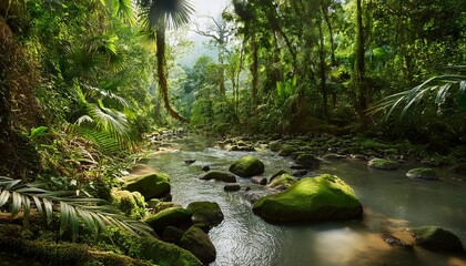 amazon rainforest tropical vegetation jungle landscape with creek rocks overgrown with moss riverbank plants and lianas fictional landscape created with generative ai