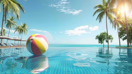 Wall Mural - A beach scene with a yellow and pink beach ball floating in the water