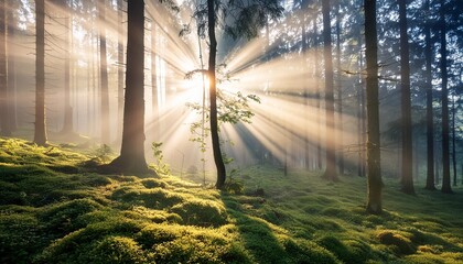 Wall Mural - sun rays in fantasy forest in the morning