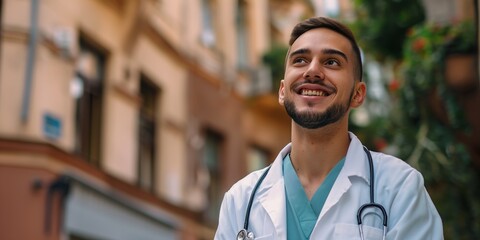 Wall Mural - Cheerful doctor in uniform with a stethoscope, standing outdoors with a bright smile, exuding confidence and professionalism.