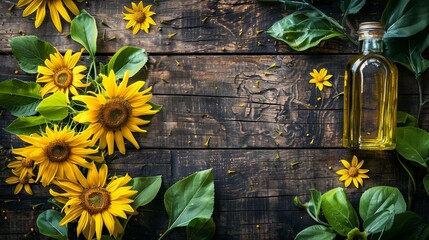 Wall Mural - Bottle of sunflower oil on a background with sunflowers	