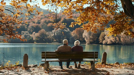 Wall Mural - An elderly couple sits on a bench in an autumn park near a lake	
